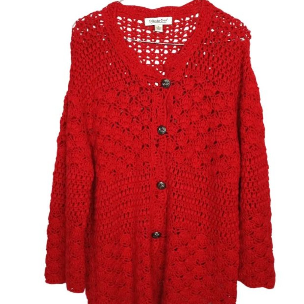 Coldwater Creek Crochet Knit Cardigan Sweater Chunky Large Cottagecore Cozy Red